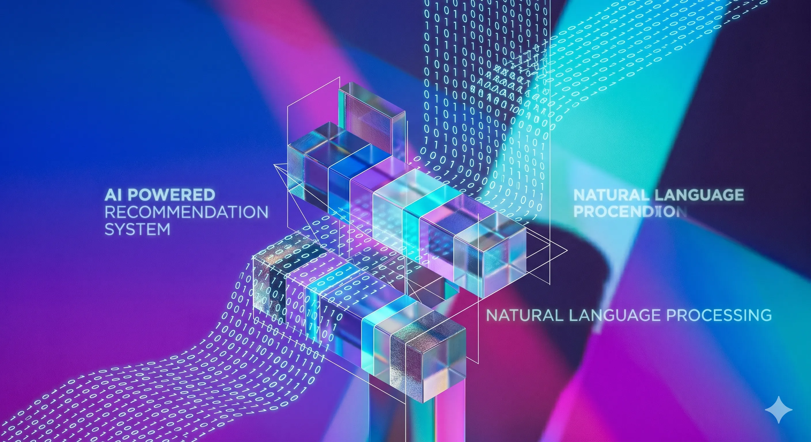 Isometric glass cubes flowing alongside streams of binary digits in magenta and blue, labeled 'AI-Powered Recommendation System' and 'Natural Language Processing.'