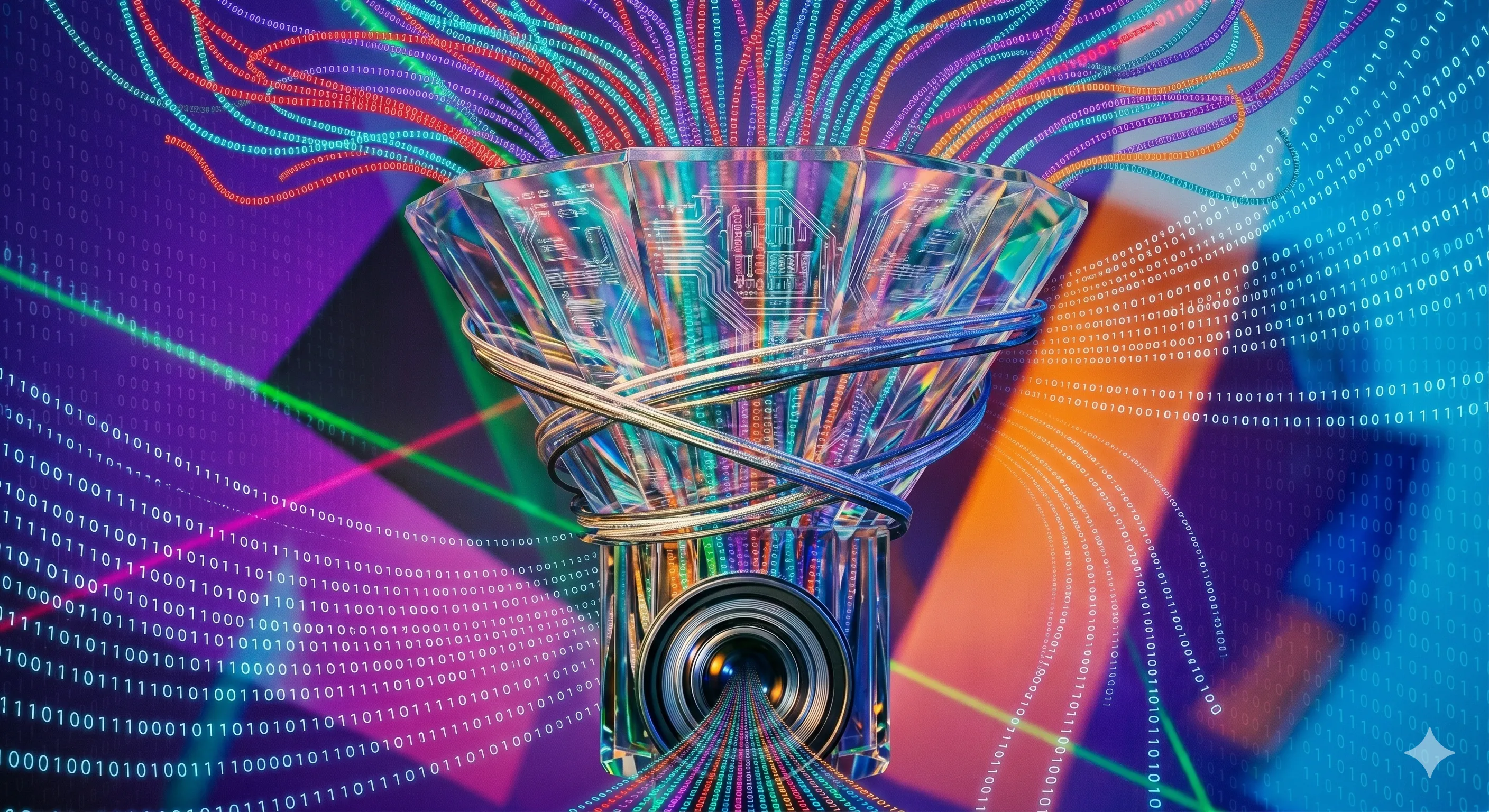A translucent glass funnel gathering colorful streams of binary data against a vivid magenta-and-blue grid — a metaphor for compressing diverse inputs into a shared embedding space.
