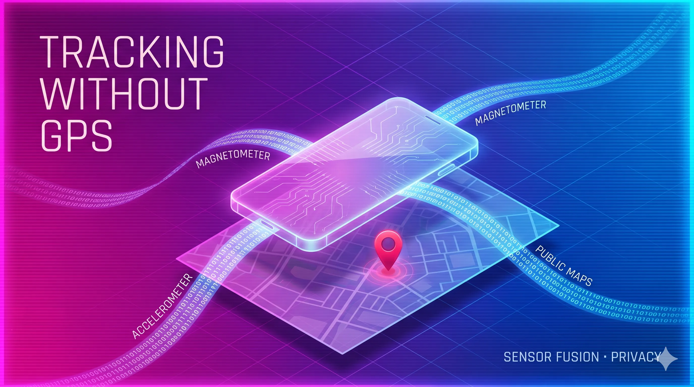 Isometric glass smartphone floating above a translucent city map with a red location pin, surrounded by ribbons of binary digits labeled Accelerometer, Magnetometer, and Public Maps — captioned 'Tracking Without GPS · Sensor Fusion · Privacy.'