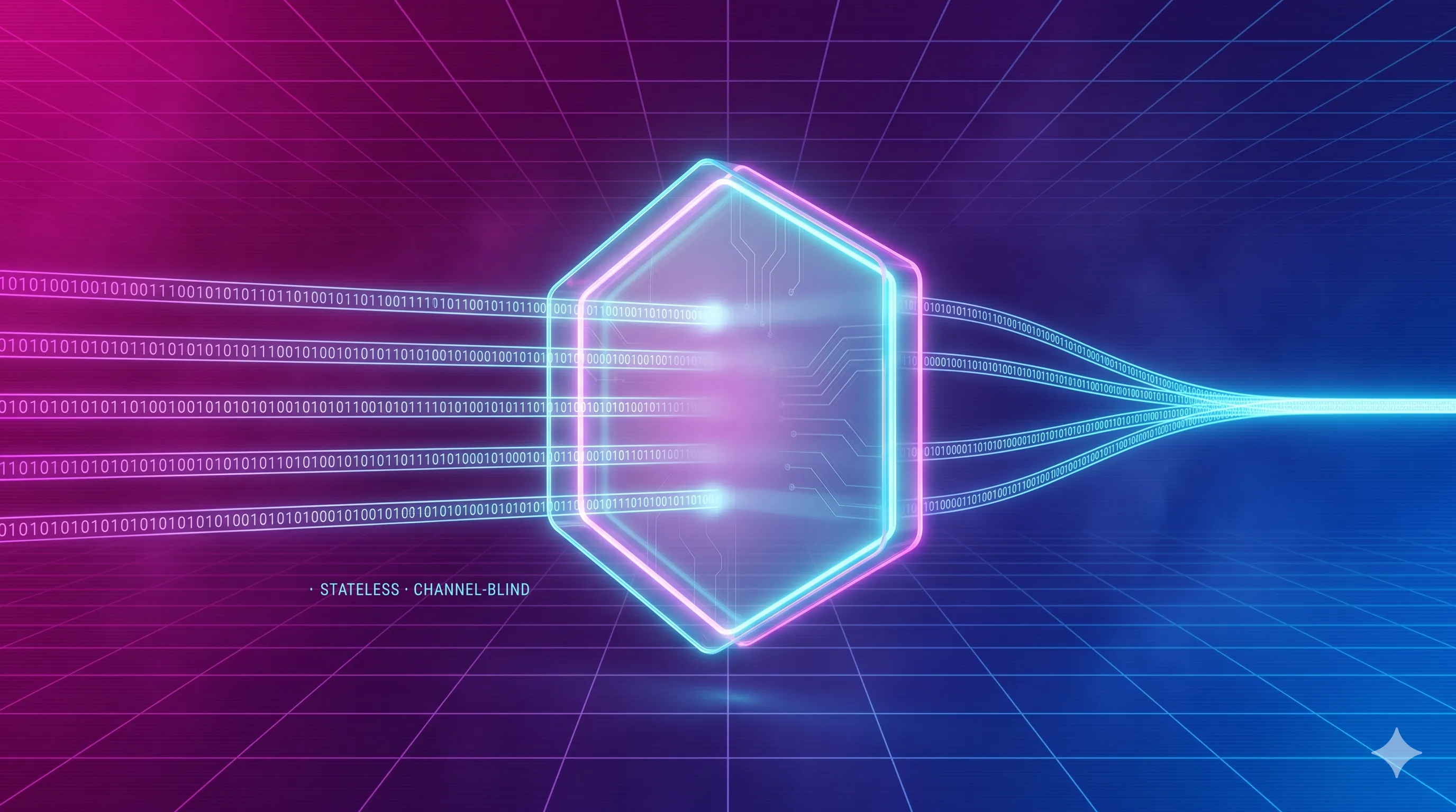 A single translucent neon-edged hexagonal gate with visible circuit etching floating on a magenta-and-blue perspective grid. Ribbons of binary digits flow from the left into the gate and reassemble into a single bright ribbon exiting to the right. Small caption on the left reads 'Stateless · Channel-Blind.'