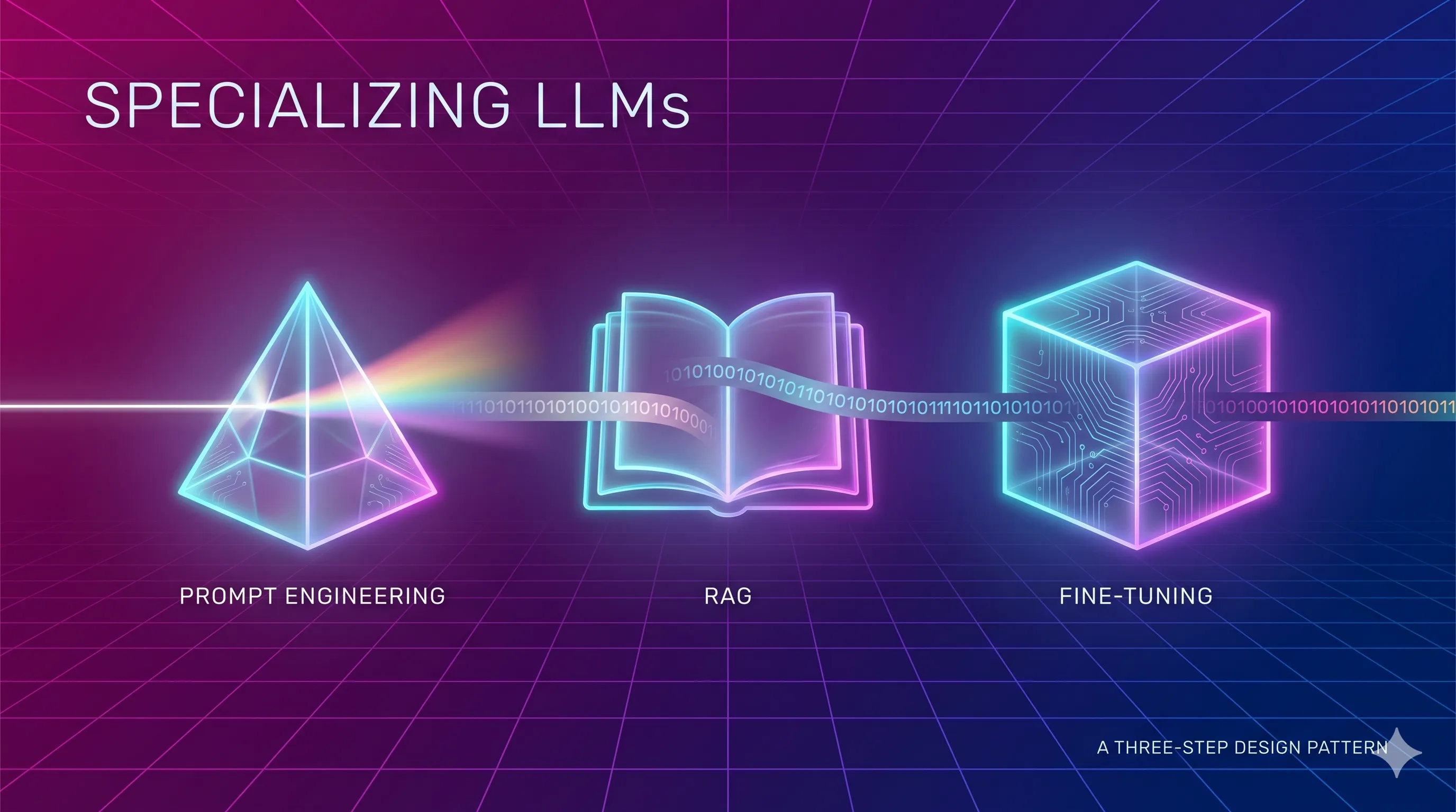 Three translucent neon-edged glass icons in a row on a magenta-and-blue spectral grid — a prism refracting light labeled 'Prompt Engineering,' an open book streaming binary labeled 'RAG,' and an etched cube labeled 'Fine-Tuning.' Headline 'Specializing LLMs,' caption 'A Three-Step Design Pattern.'