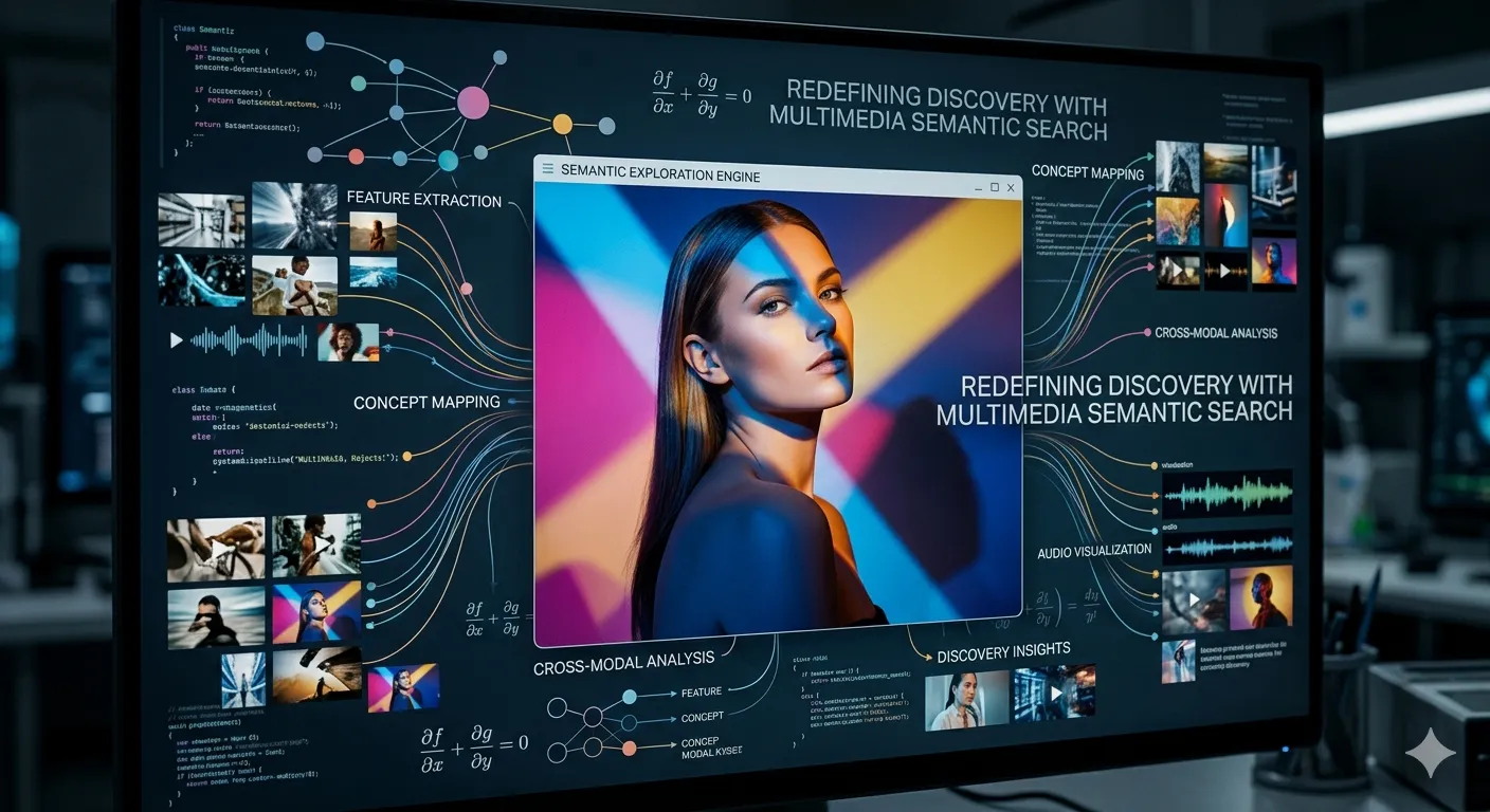 Multimedia semantic search concept — a workstation display showing a portrait alongside concept mapping, cross-modal analysis, and discovery panels over the headline 'Redefining Discovery with Multimedia Semantic Search.'